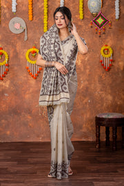 Parnita Beige & Brown Muga Cotton Jamdani Saree